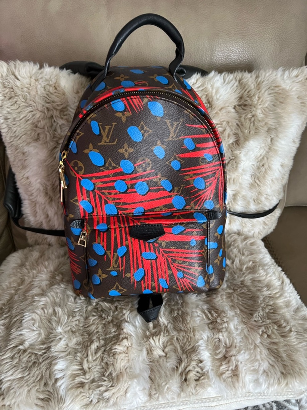 Louis Vuitton Monogram Backpack with Blue Dots & Red Palm Print
